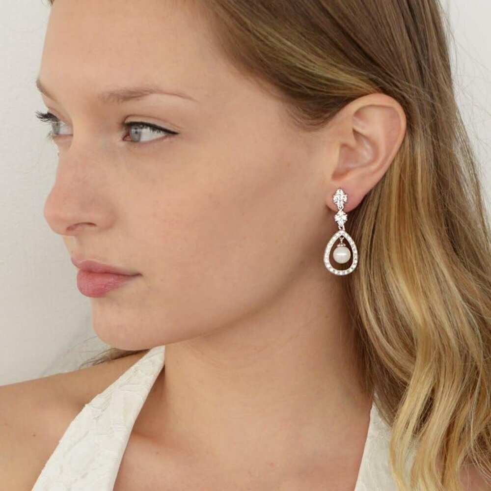 Bridal Pearl Earrings Silver Gold Dangle Vintage Wedding Jewelry for Brides - Picture 4 of 7